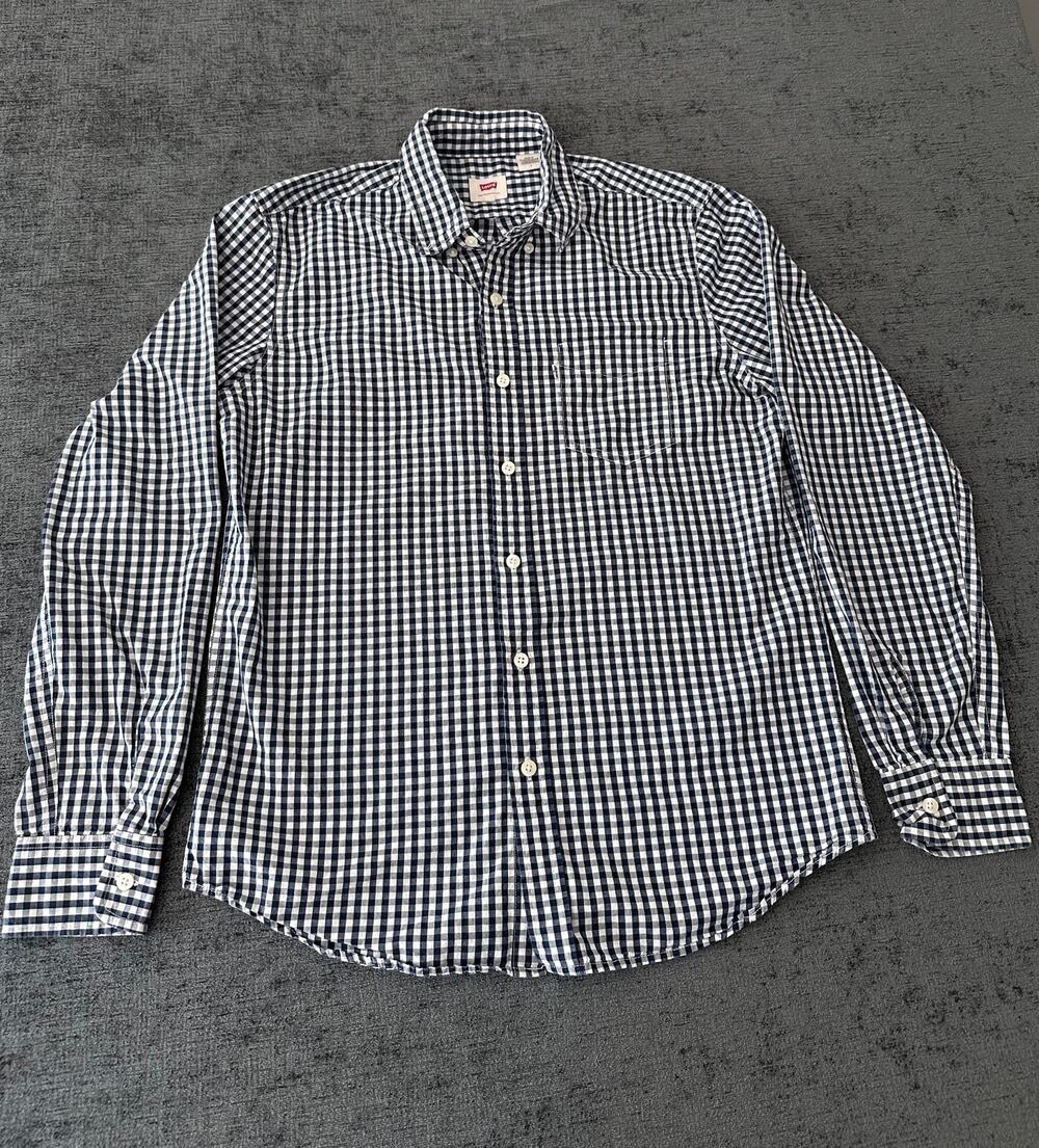Levis Mens Shirt Medium Navy White Gingham Check Button Down Long Sleeve M